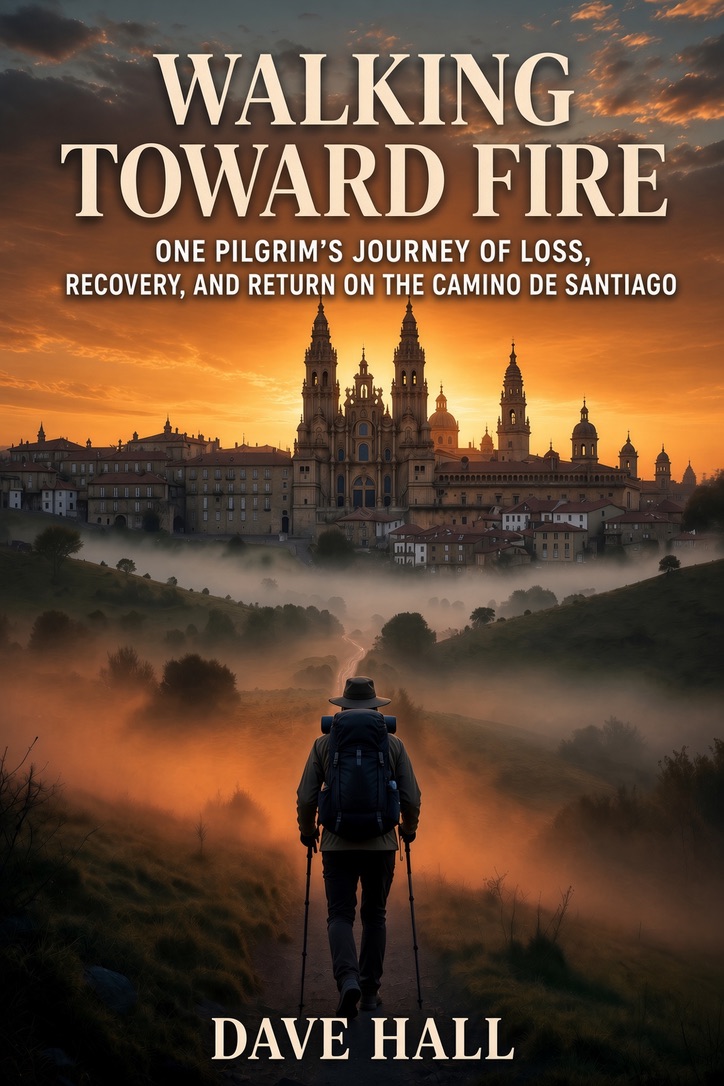 Cover of Walking Toward Fire by Dave Hall: a pilgrim with trekking poles walks a misty path toward Santiago de Compostela at sunset.